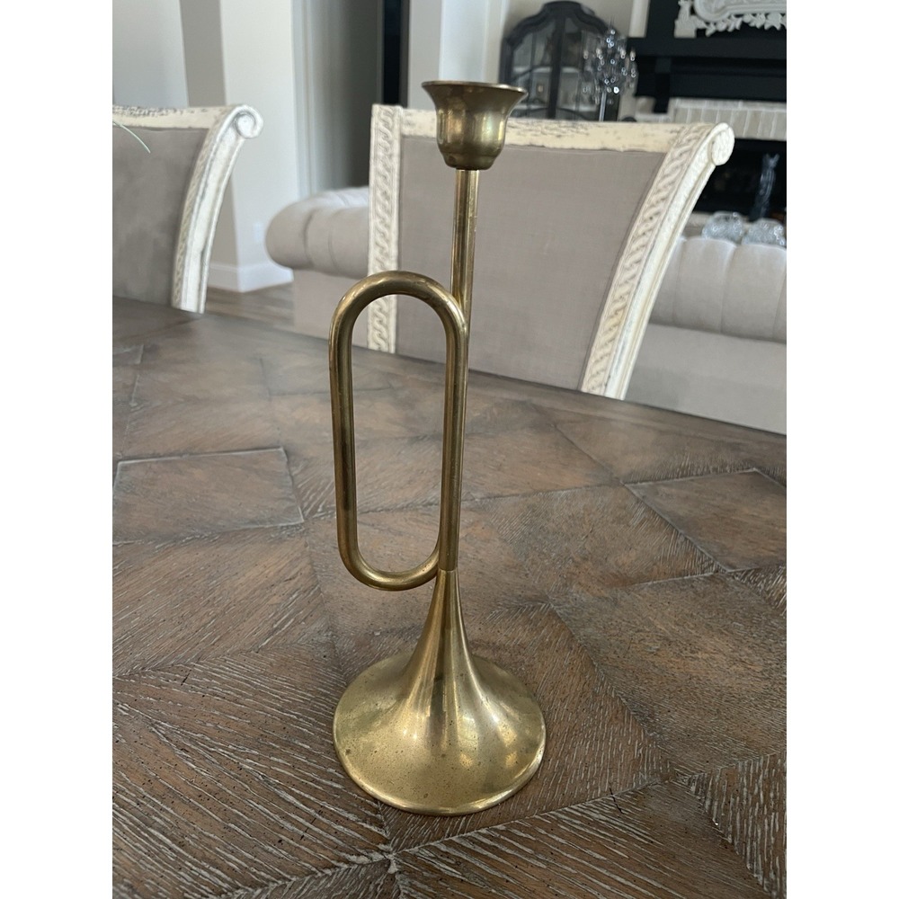 Vintage MCM ‎ Balos Brass Horn Trumpet Shaped Taper Candle Stick Holder 10"